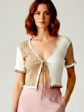Ruffle Tie-Front Cardigan in Cream & Tan With Ruffle Trim- Size L- Like New